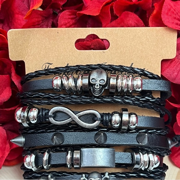 5 Pcs Set Punk Rock Infinity Skull Braided Leather Rope Bracelets - Picture 10 of 14